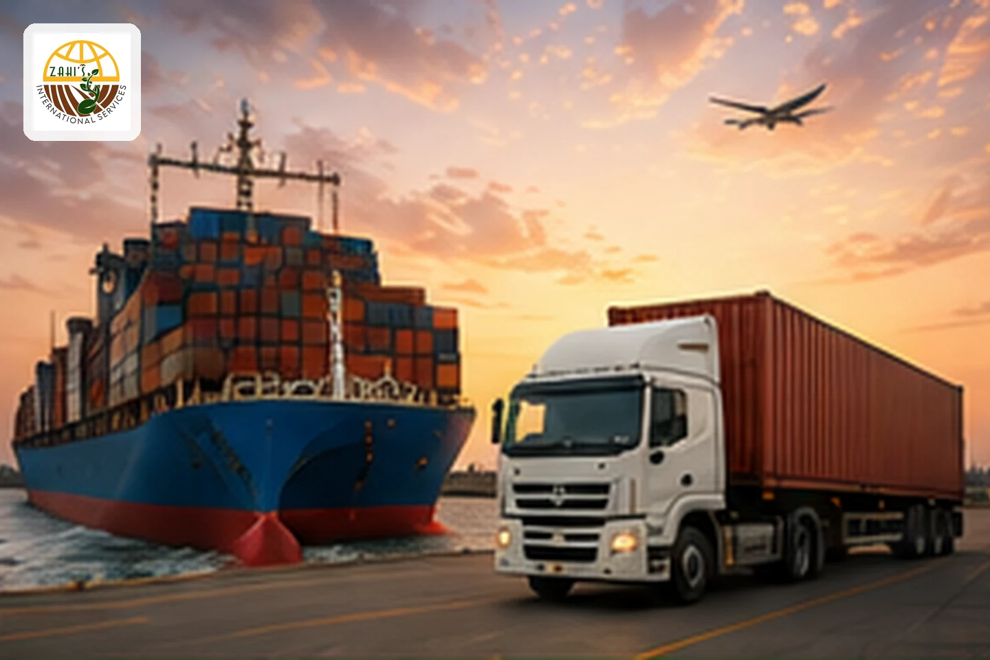 Cargo ship, export truck and containers transporting fresh produce internationally